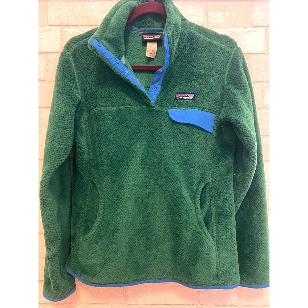 Patagonia‎ Snap-T Fleece Pullover Emerald Green Blue Trim Polartec Women M